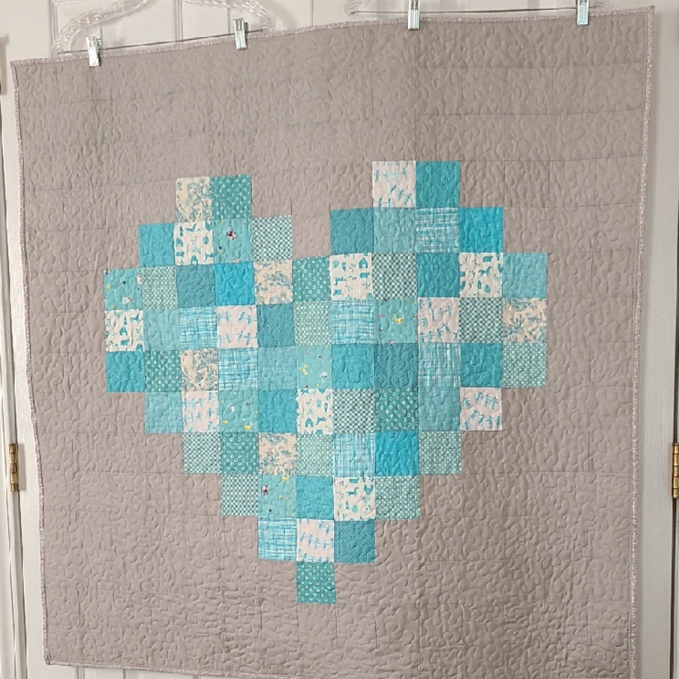 Aqua Pixelated Heart Baby Quilt