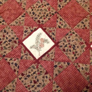 Flanel quilt with embroidery squares surrounded by
